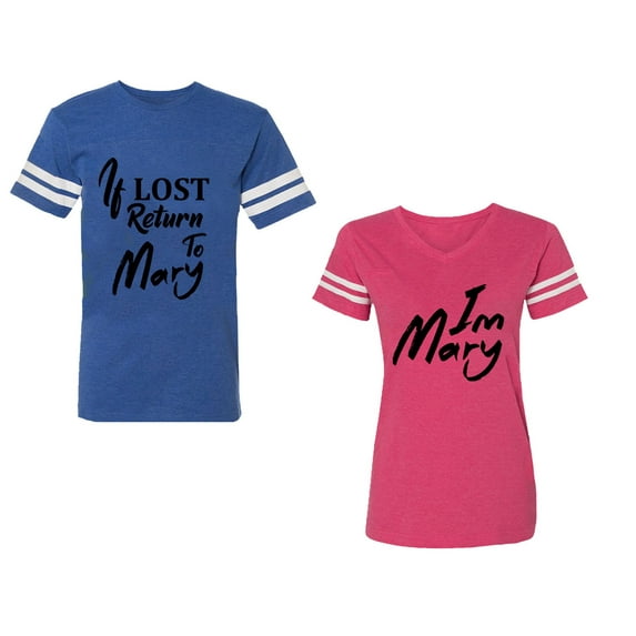 If Lost Return To Mary I am Mary Unisex Couple Matching Cotton Jersey style T-Shirt Contrasting stripes on sleeves (Men Royal / Women Pink) (Men S / Women XXL)