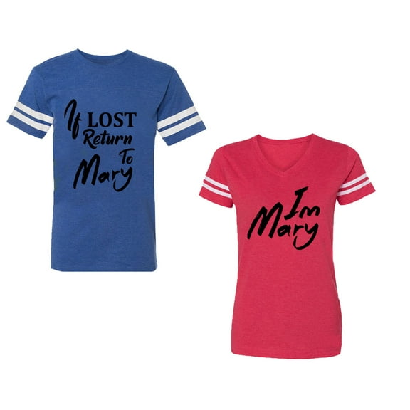 If Lost Return To Mary I am Mary Unisex Couple Matching Cotton Jersey style T-Shirt Contrasting stripes on sleeves (Men Royal / Women Red) (Men M / Women XL)