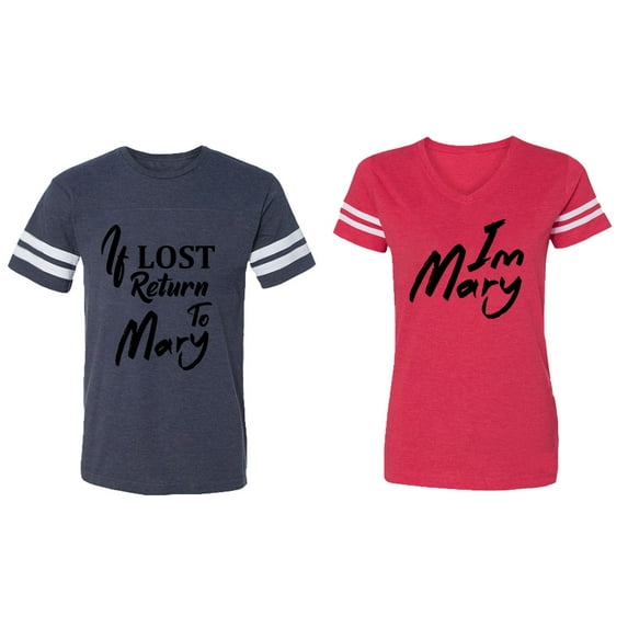 If Lost Return To Mary I am Mary Matching Couple Cotton Jerseys (Men Navy / Women Red) (Men S / Women L)