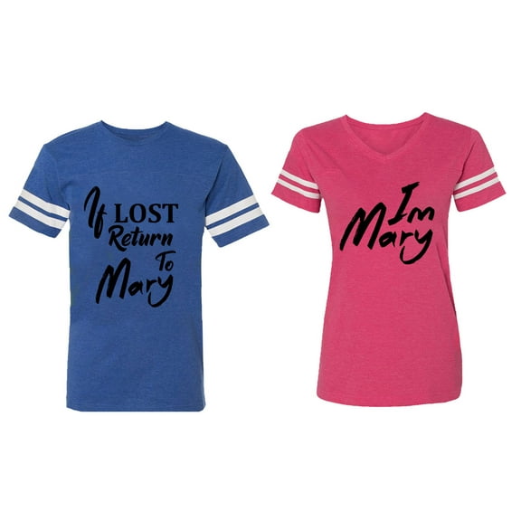 If Lost Return To Mary I am Mary Matching Couple Cotton Jerseys (Men Royal / Women Pink) (Men XL / Women S)
