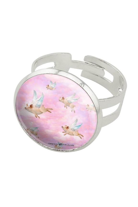 If Pigs Could Fly Pink Clouds Wings Silver Plated Adjustable Novelty Ring