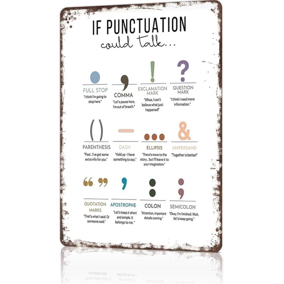 If Punctuation Could Talk Metal Sign Boho Style Grammar Tin Signs 8x12 Inch for Home Bedroom Dorm Wall Decor Educational Poster Artistic Artwork