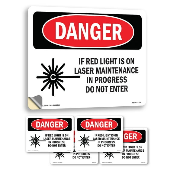 If Red Light Is On Laser OSHA Danger Vinyl Decal Label 5 Inch x 3.5 Inch - 5 Pack