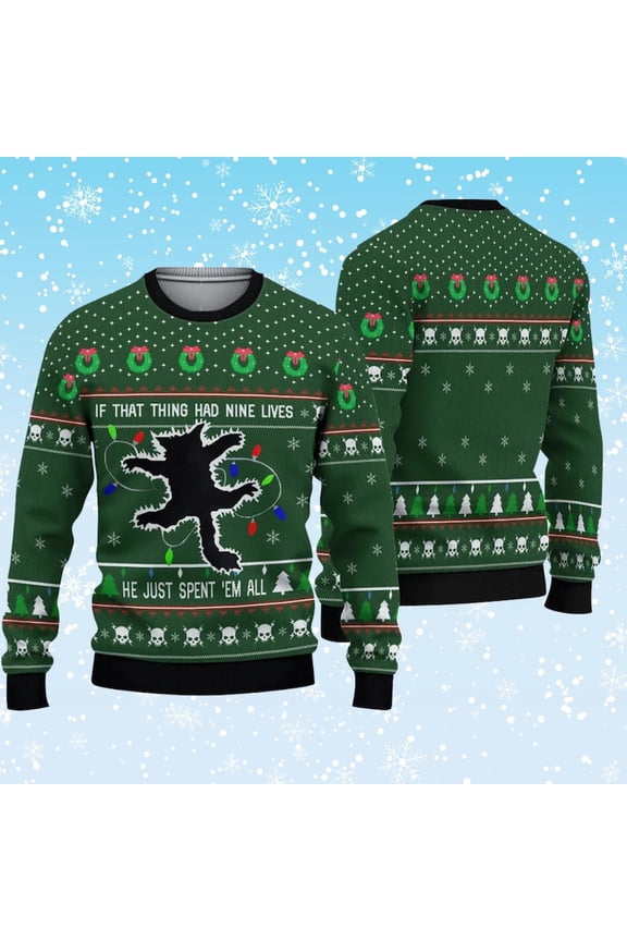 If That Thing Had Nine Lives 3D Christmas Sweater, Christmas Vacation Inspired Cat Lights Green Unisex Knit, Funny Holiday Party Jumper