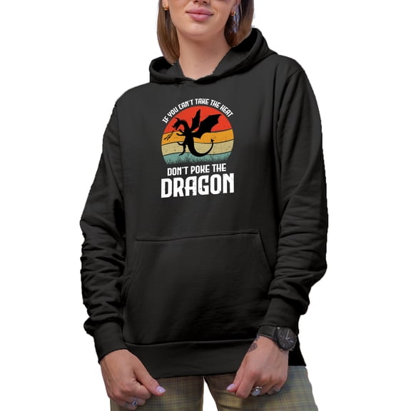 If You Can't Take the Heat, Don't Poke the Dragon Quote, Retro Distressed Sunset, Black Hooded Sweatshirt or Hoodie, 3XL
