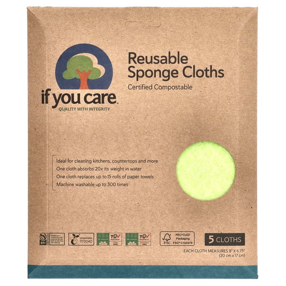 If You Care Reusable Sponge Cloths, 5 Cloths, 8" x 6.75" (20 cm x 17 cm) Each