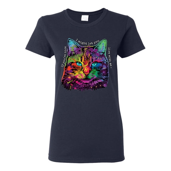 If You're Nice I Might Let You Live With Me Colorful Cat Animal Lover Womens Graphic T-Shirt, Navy, 2XL