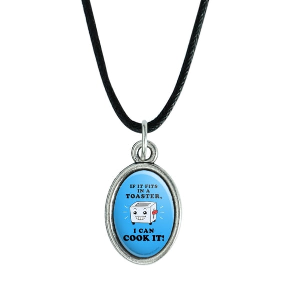 If it Fits in a Toaster I Can Cook it Funny Humor Antiqued Oval Charm Pendant with Black Satin Cord