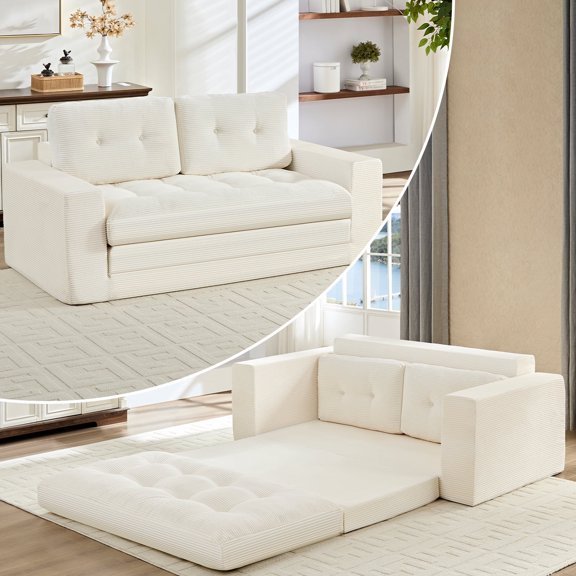 BAlUS 71" Floor Sofa Bed with 2 Pillows, No Assembly Folding Couch, 2 in 1 Boneless Convertible Sofa bed, Corduroy , Beige