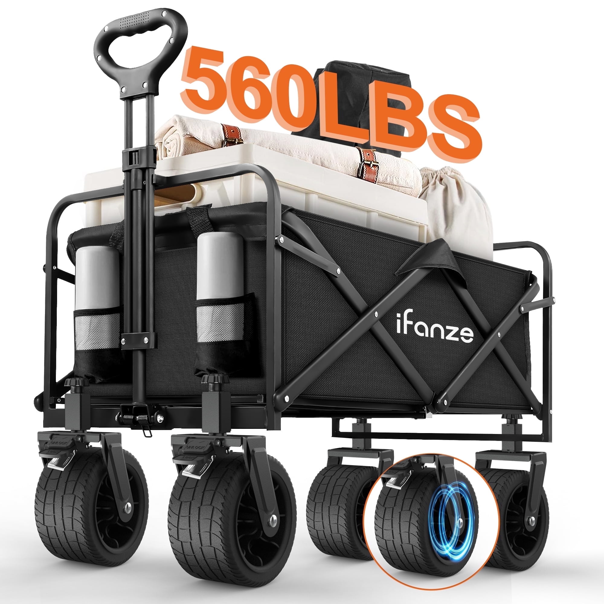 Qunler Large Collapsible Folding Wagon, 560 lbs Heavy Duty Big Bucket Utility Garden Cart with Oversized Tank Wheels for Sports, Shopping, Camping, Kids, Black