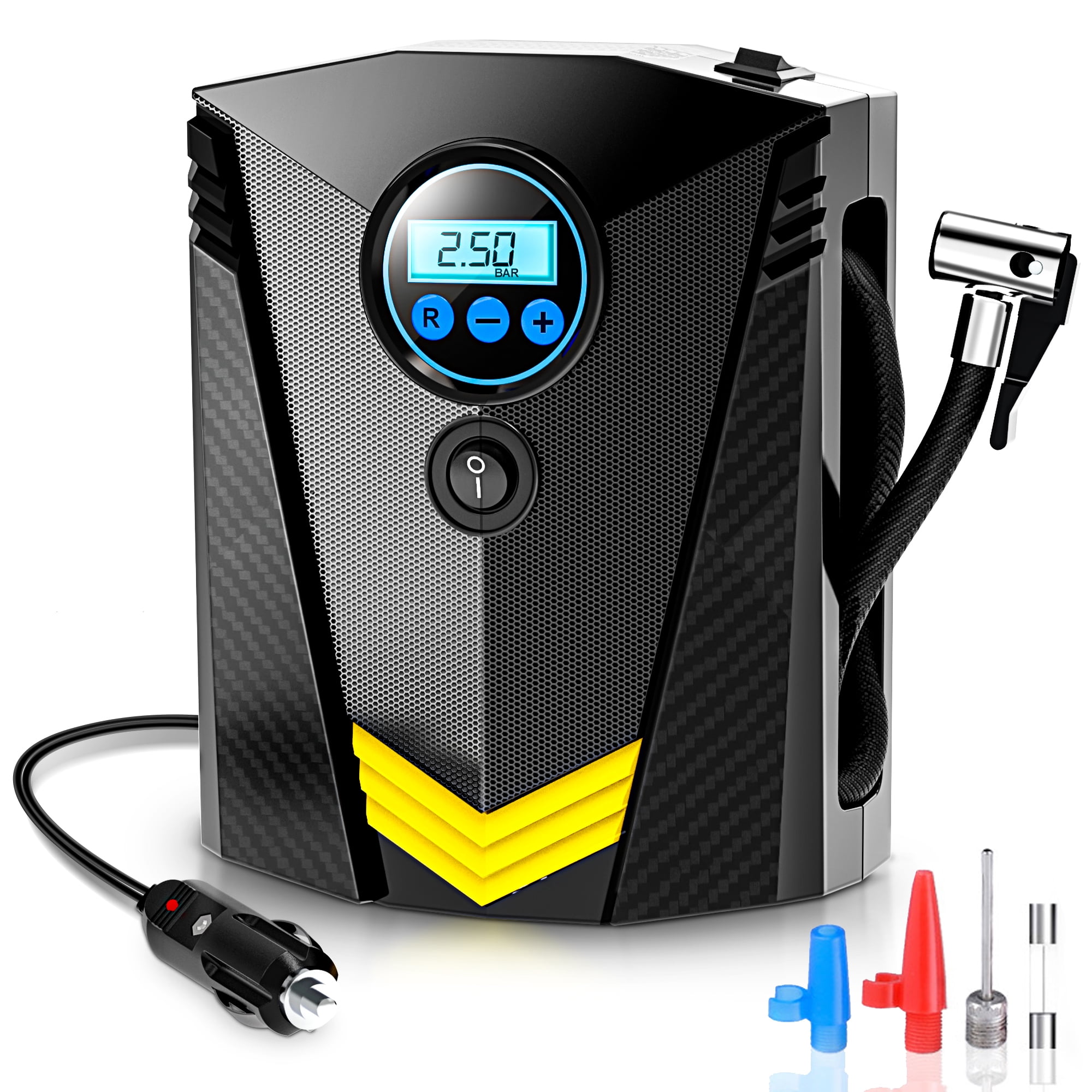 Tire Inflator Portable Air Compressor 12V DC Car Air Pump with Digital  Display, LED Light, Auto Shut Off Function, Set of Nozzle Adaptors for Car