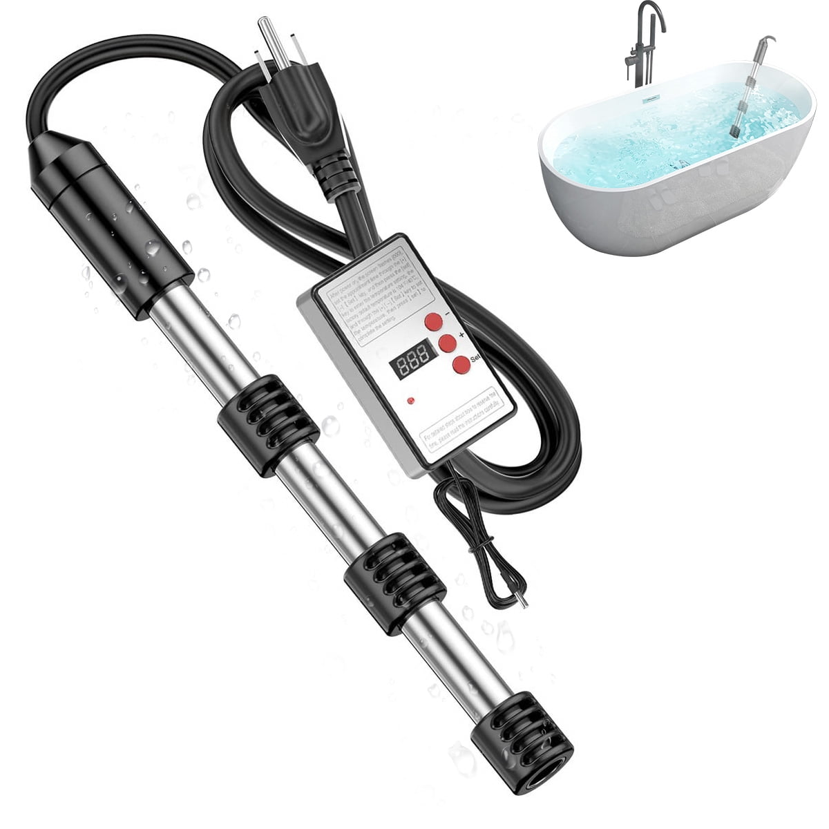 1500w Immersion Water Heater with Thermostat, Temperature Control Portable Bathtub Bucket Submersible Heater,Pool Heater for Inflatable Above Ground Swimming Pool