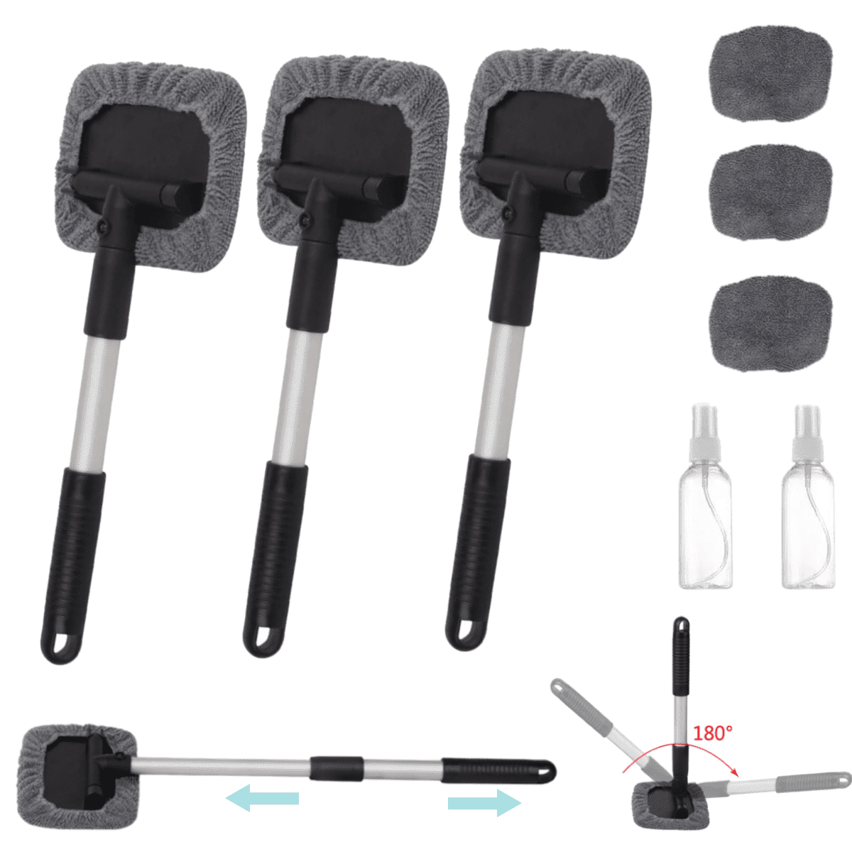 IFCOW 3PCS Windshield Cleaner Tool,Car Wash Brush,Car Handle Cleaner Tool with 3 Reusable Microfiber Pads and 2 Spray Bo,for Windshield, Trucks, SUVs, RVs, and Home Windows