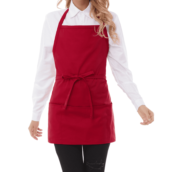 Ifivky Cotton Cooking Apron for Women with 3 Large Pockets, Adjustable Chef Bib Aprons for Men, Short Solid Kitchen Work Apron for Bbq, Red