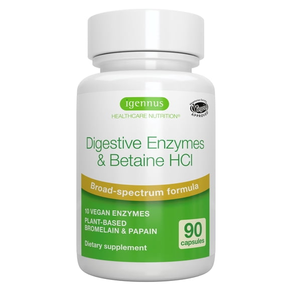 Igennus Fast Action Digestive Enzymes & Betaine HCl, 10 Broad Spectrum Enzymes with Protease, Lipase & Lactase, Papain & Bromelain, Plant-Based Vegan, Clean Label, for Women and Men, 90 Capsules