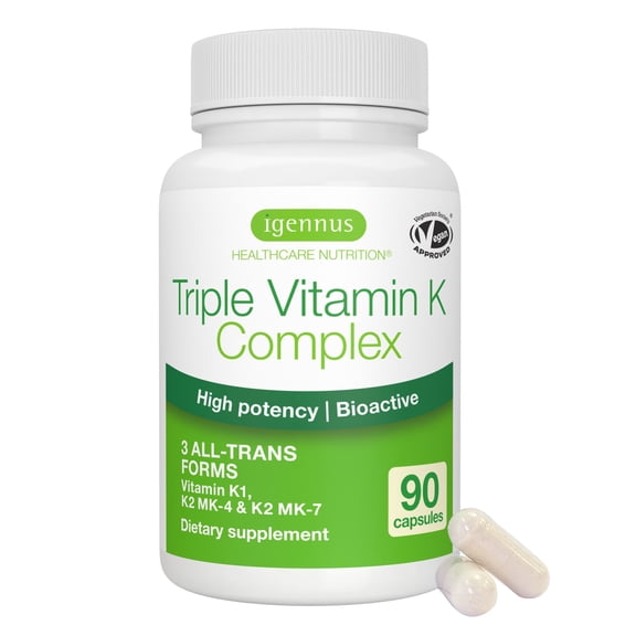 Igennus High Potency Vitamin K Complex, K1 & K2 (MK-4 & MK-7), 1-a-Day, All Trans Bioactive Form for Superior Bone & Cardiovascular Support, Clean Label, Vegan, 90 Capsules