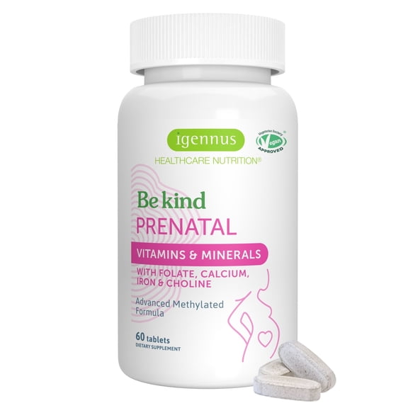Igennus Methylated Prenatal Multivitamin for Women, Folate for MTHFR, High Absorption, Pure & Clean, Gentle Iron, Choline, Calcium & Magnesium, Vegan Pregnancy Vitamins, Halal, Non-GMO, 60 Tablets