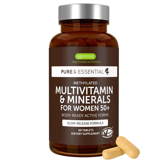Igennus Methylated Multivitamin for Women 50+, Calcium & Magnesium for Bone Support, Sustained Release & Active B-Vitamins, Iron-Free Formula, Antioxidant Support, Clean Label, 60 Tablets