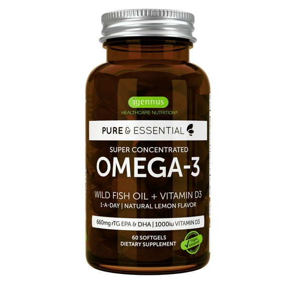 Igennus Advanced rTG Omega-3 IFOS Certified Wild Fish Oil & Vitamin D3, 1-a-Day, Fatty Acids EPA & DHA, Fast-Acting Triglyceride Form, Ultra Pure & Non-GMO, 60 Softgels