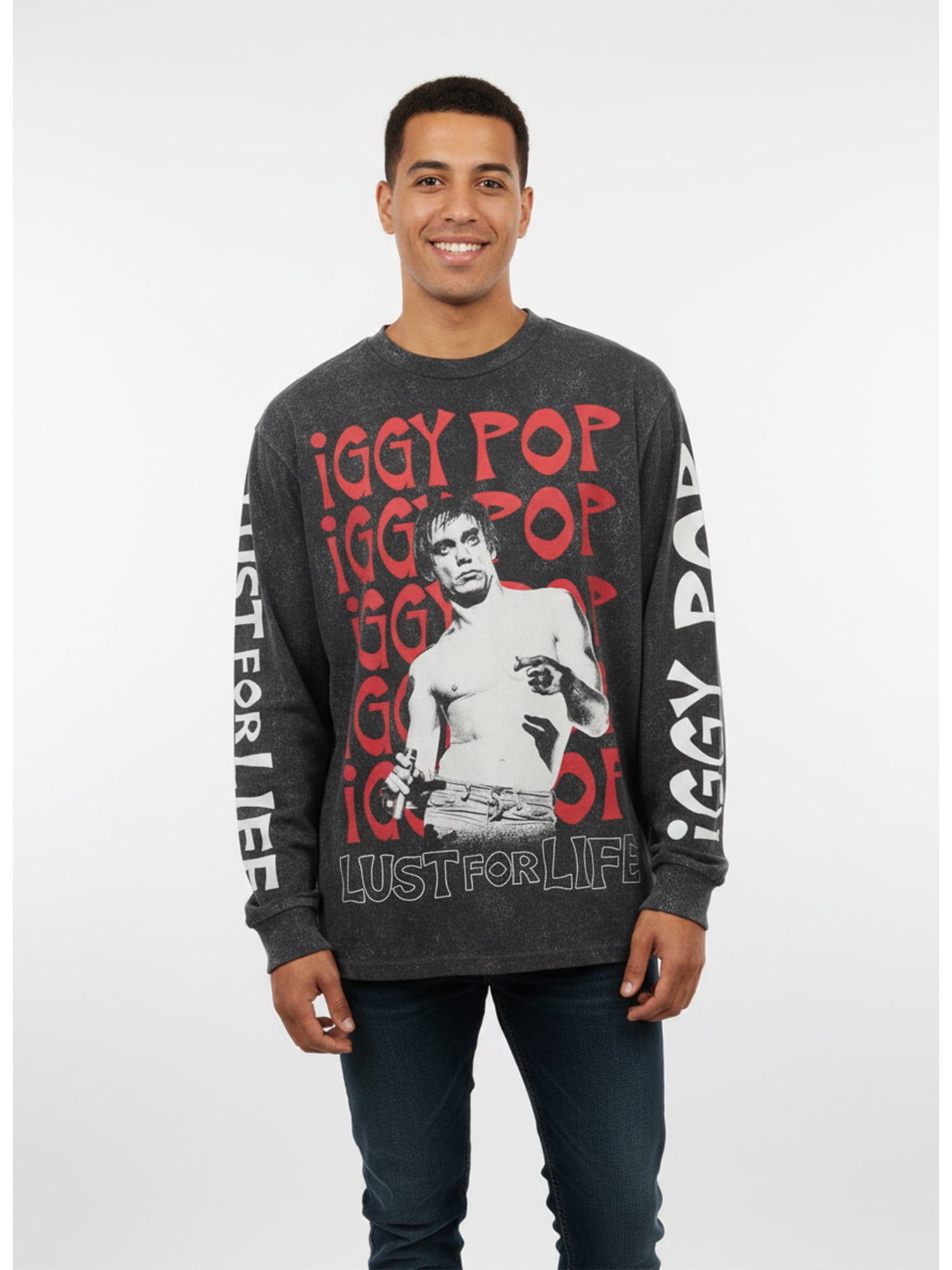 Iggy Pop Men's Mineral Washed Boxy Fit Long Sleeve Graphic Tee Shirt, Sizes XS-4XLT