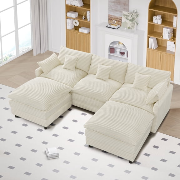 Ighoveat Sectional Couches for Living Room, 108 in U Shaped Modular Sectional Sofa Cloud Couch Set, Corduroy, Beige