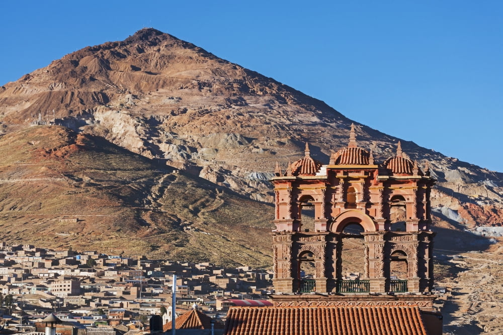 Iglesia La Compania in front of Cerro Rico mountains Potosi Bolivia Canvas Art - Carl Bruemmer Design Pics (38 x 24)