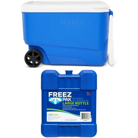 Igloo Blue 38 QT Wheelie Cool Hard Sided Cooler with Wheels and Freez Pak Large Ice Pack, 1 Count