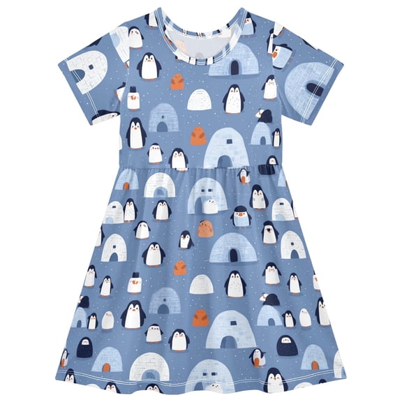 Igloo Penguin Short Sleeve Dress A-Line Cute Midi Casual Sundress 2-8 Years