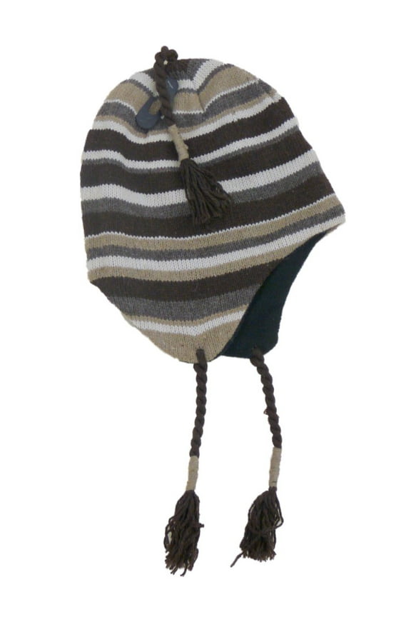 s Mens Brown Striped Peruvian Style Trapper Hat Fleece Lined