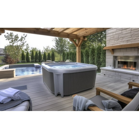 All New 2025 Ignite 7-Person Gray Open 65 Jet 240V Hot Tub, Real Stainless Heater, Ozone, Waterfall and Upgraded Lighting