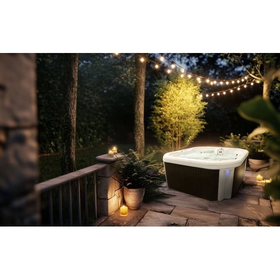 Ignite 7‑Person 65‑Jet Performance Hot Tub – 240V, Stainless Steel Heater, Ozone System, Waterfall & LED Lighting (White/Mocha)