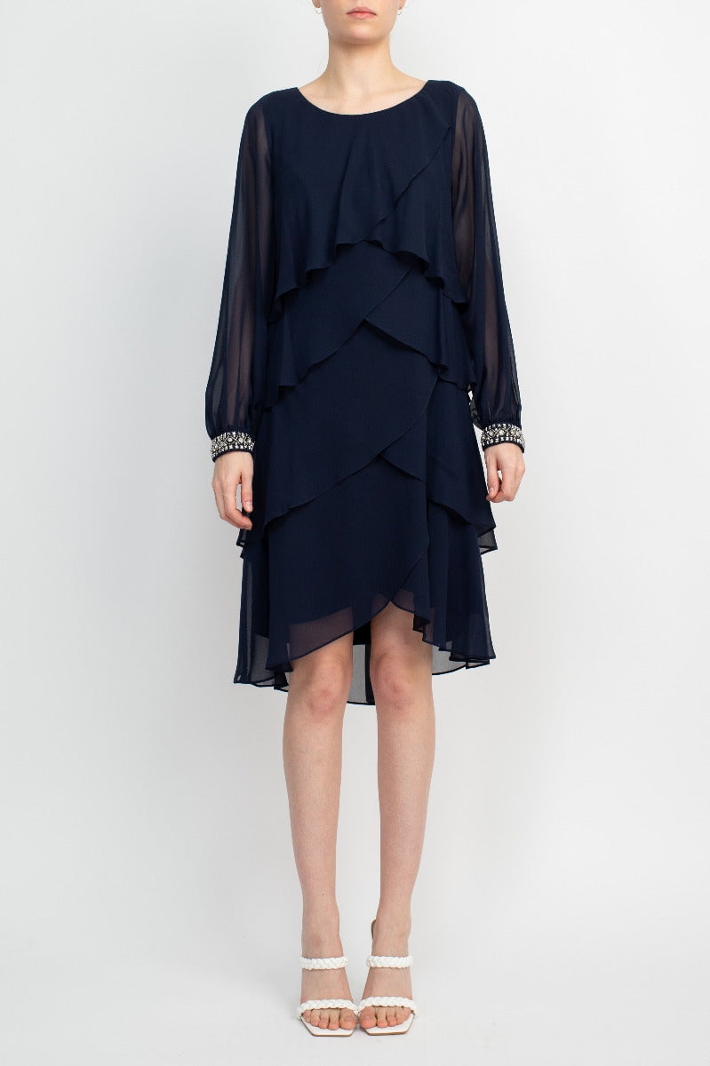 Rhinestone Scoop Neck Chiffon Long Dress Dark Navy