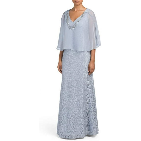 Ignite Evenings Glitter Lace Gown with Beaded Cape, Blue - 6