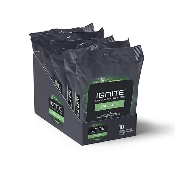 Ignite Mens Body Wet Wipes, Extra Thick 8"x 8" Shower Wipes, Stimulating Scent, 10 Count (Pack of 5)