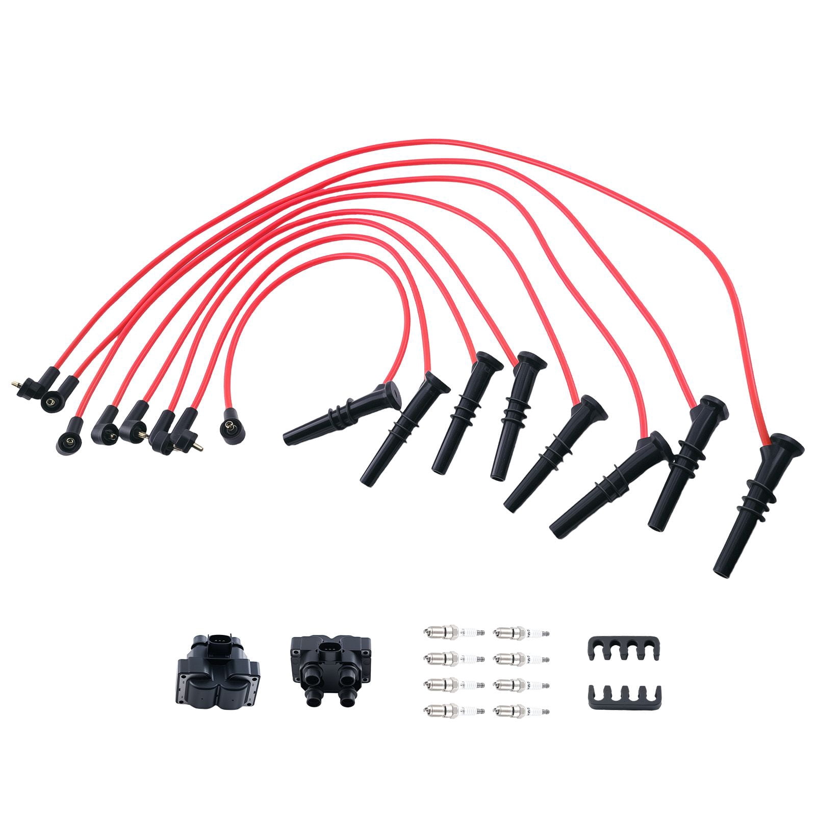 Ignition Coil Pack, Iridium Spark Plugs & 8mm Wires Kit for Ford Crown Victoria, F-150, Expedition, Lincoln Town Car 4.6L V8, OE E8TZ12029A, 6860288, F37Z12029A, FD-487