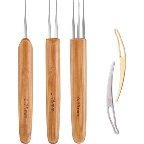 Igoejeher Dreadlock Crochet Hook Set, 0.75 mm Steel Needles, Bamboo Handles, 5 Pieces