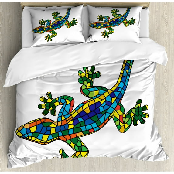 Iguana Duvet Cover Set King Size, Geometric Mosaic Style Stained Glass Pattern Animal Exotic Design Ornamental Motif, Decorative 3 Piece Bedding Set with 2 Pillow Shams, Multicolor, by Ambesonne