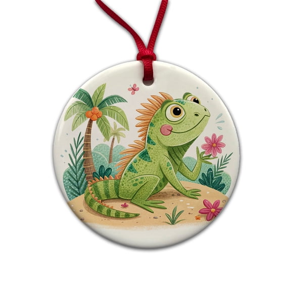 Iguana Lizard Children's Illustration Style Christmas Tree Holiday Round Ceramic Ornament