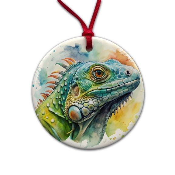 Iguana Lizard Face Profile Reptile Watercolor Christmas Tree Holiday Round Ceramic Ornament