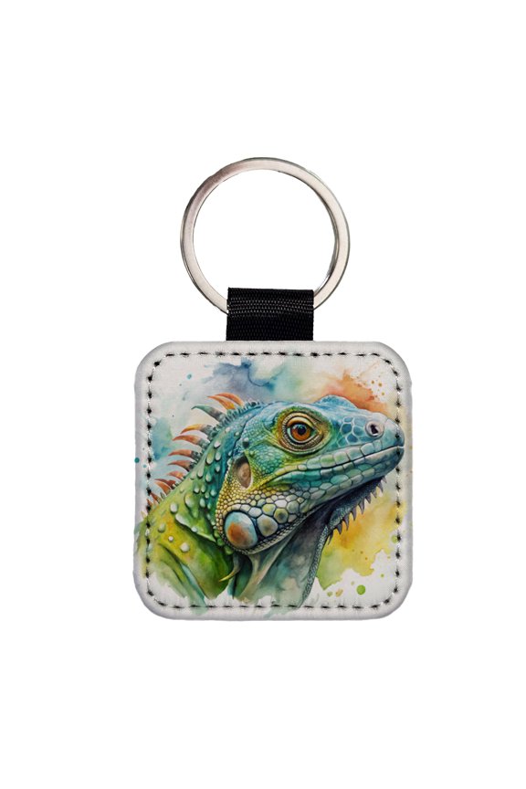 Iguana Lizard Face Profile Reptile Watercolor Faux Leather Square Keychain