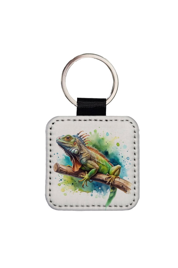 Iguana Lizard On Branch Reptile Watercolor Faux Leather Square Keychain