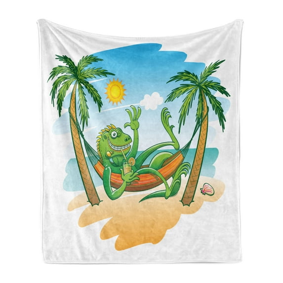 Iguana Soft Flannel Fleece Throw Blanket, Green Iguana Smiling Waving Sunbathing Tropical Holiday Palm Trees with Hammock, Cozy Plush for Indoor and Outdoor Use, 50" x 70", Multicolor, by Ambesonne