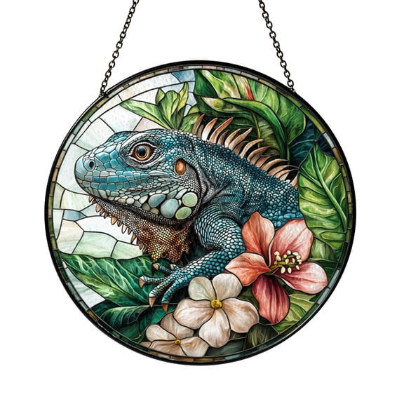 Iguana Stained Glass Window Hanging Tropical Reptile Design Featuring Lizard in Natural Pose Decorative Glass Suncatcher for Home Interior Window Display