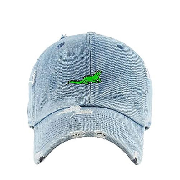 Iguana Vintage Baseball Cap Embroidered Cotton Adjustable Distressed Dad Hat Light Denim