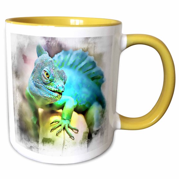 3drose, Iguana Watercolor Illustration, 11oz Two-tone Yellow Mug