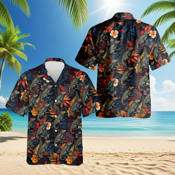 Iguanas Hawaiian Shirt for Men, Button Down Summer Beach Short Sleeve, Tropical Style, Sizes S-5XL