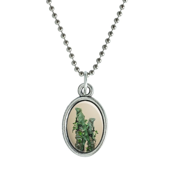 Iguanas Lizards Aztec Temple Antiqued Oval Charm Pendant with Chain