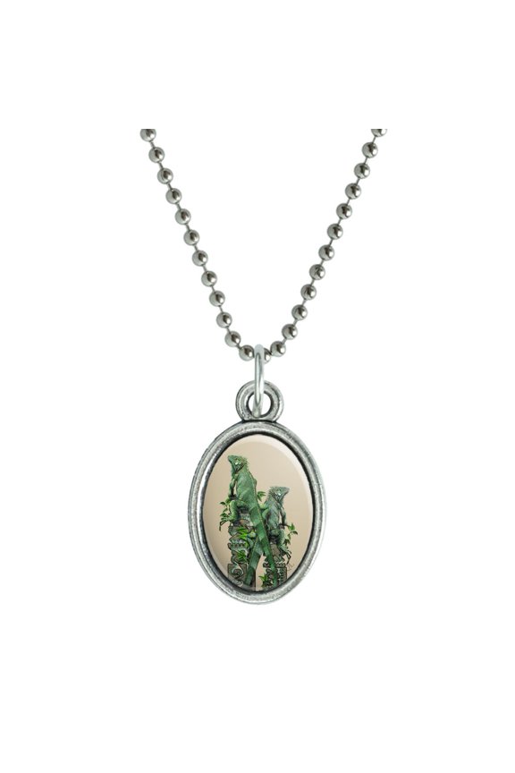 Iguanas Lizards Aztec Temple Antiqued Oval Charm Pendant with Chain
