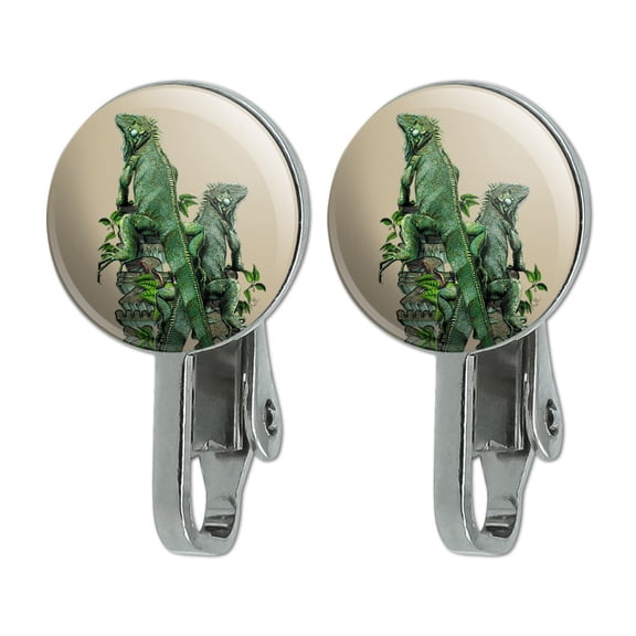 Iguanas Lizards Aztec Temple Novelty Clip-On Stud Earrings