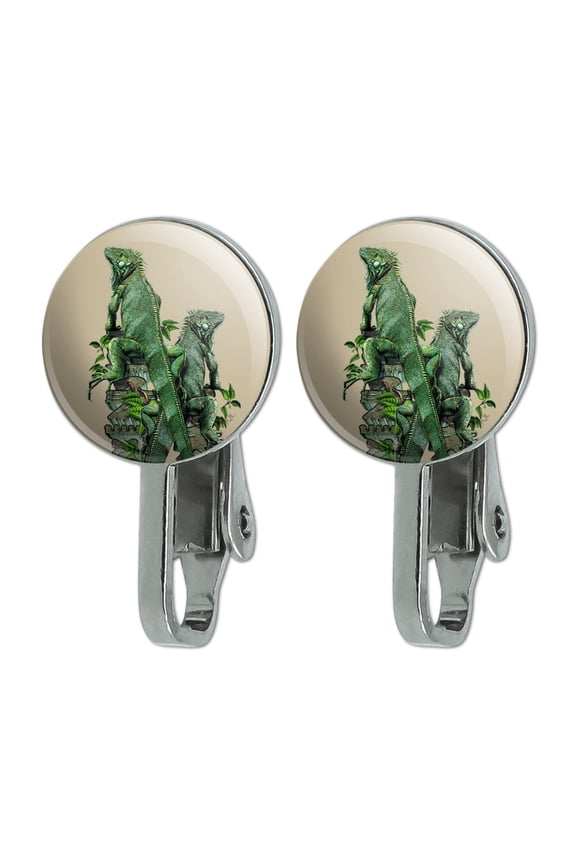 Iguanas Lizards Aztec Temple Novelty Clip-On Stud Earrings